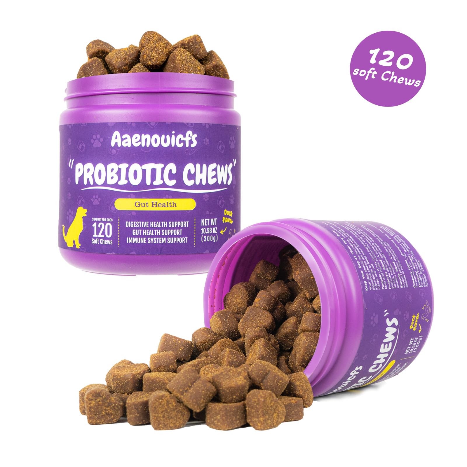 Probiotics for Dogs，Dog Probiotics and Digestive Enzymes，Health and Immune Support. Relieves Constipation, Bad Breath, Flatulence and Upset Stomach. Veterinarian Developed,120 Chews, Duck Flavor.