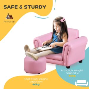 Qaba Kids Sofa Set with Footstool, Upholstered Armchair for Kids 18M+, Baby Sofa for Playroom, Children's Bedroom, Nursery Room, Pink