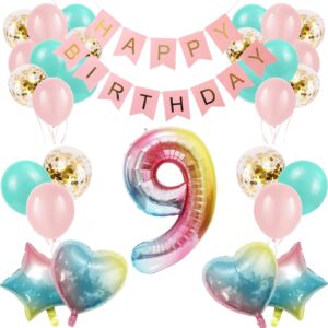 9th birthday decorations for girls gradient color age 9 birthday balloons with happy birthday banner for baby showers ninth birthday party supplies for girls boys (9th-birthday)