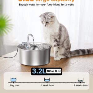 IHOUONE Cat Water Fountain : 108oz/3.2L Water Fountain for Cats Inside, Stainless Steel Cat Water Fountain, Super Silen, Pet Water Fountain with Splash-Proof Design, Multi-Filtration, Dishwasher Safe