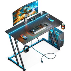 motpk small gaming desk with led lights & power outlet, computer desk 39inch for small space, cheap gaming table with carbon fiber texture, kids desk gift for boys men, black