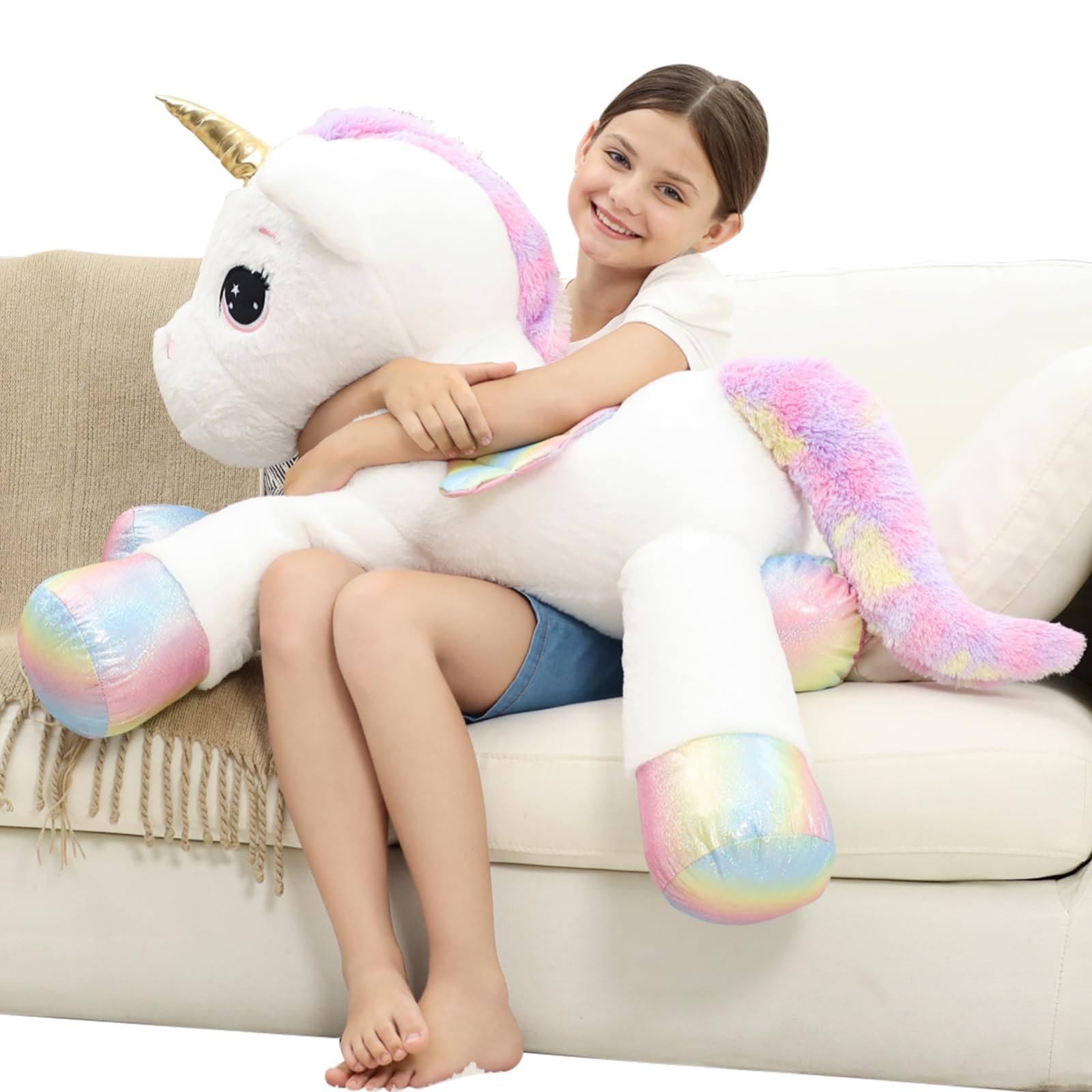 FFxiong 44 Inch Giant Unicorn Stuffed Animal Pillow, Cute Soft Big Unicorn with Rainbow Wings Large Plush Toy, Gifts for Girlfriend Girls Boys Kids Birthday Valentines Christmas