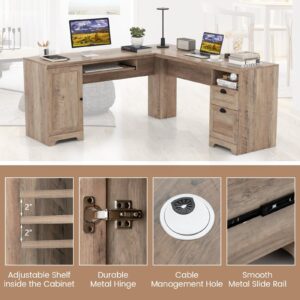 Tangkula 66" x 66" L-Shaped Office Desk with Keyboard Tray, Spacious Corner Computer Desk with Storage Drawers & Cabinet, Home Office Desk Executive Office Desk, Space-Saving Computer Workstation