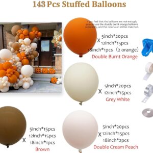 Longwu 143pcs Burnt Orange Balloons Terracotta Balloon Arch Kit Rust Balloons Double Stuffed Cream Peach Balloon for Fall Winter Baby Shower Halloween Decorations