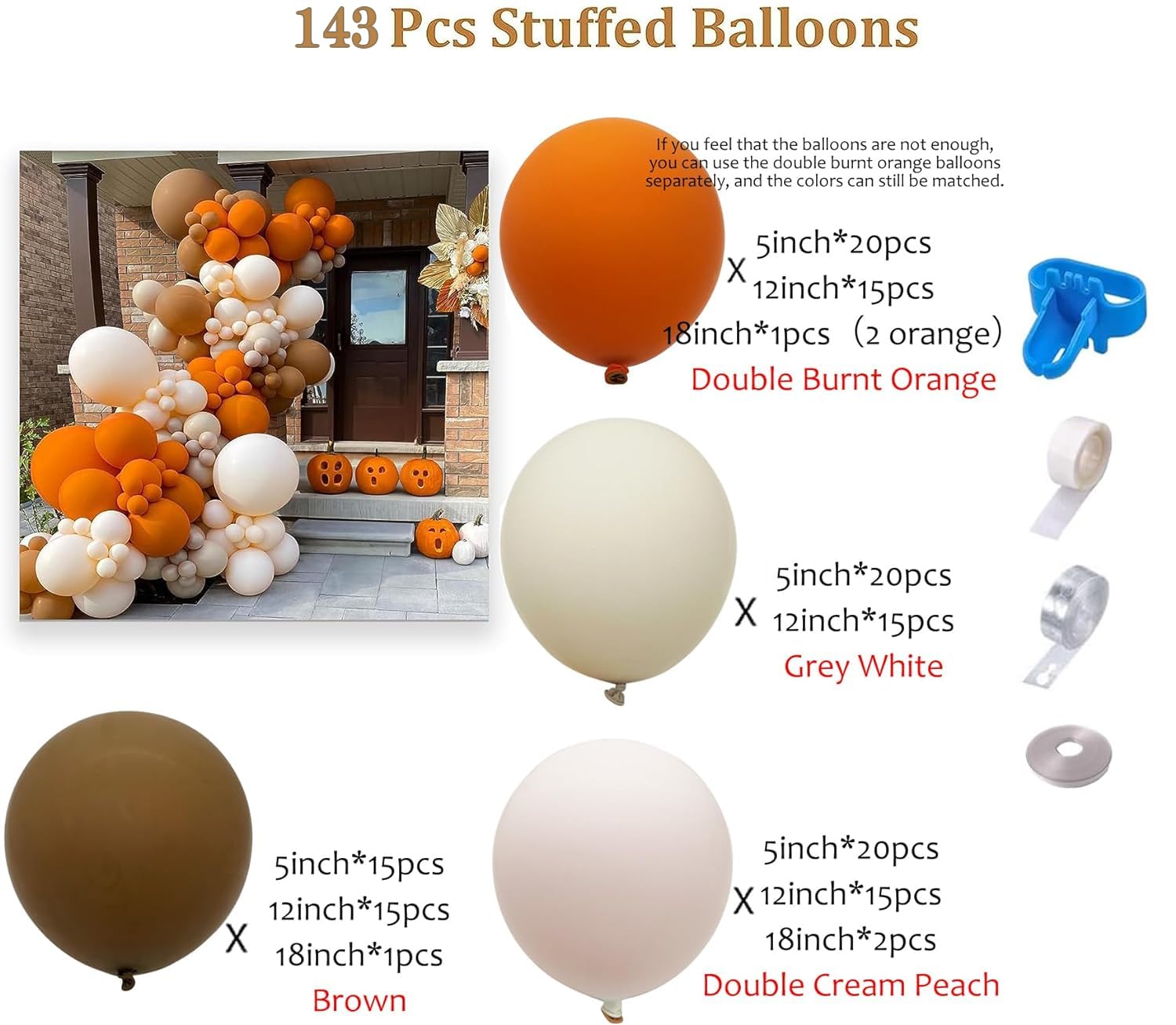 Longwu 143pcs Burnt Orange Balloons Terracotta Balloon Arch Kit Rust Balloons Double Stuffed Cream Peach Balloon for Fall Winter Baby Shower Halloween Decorations