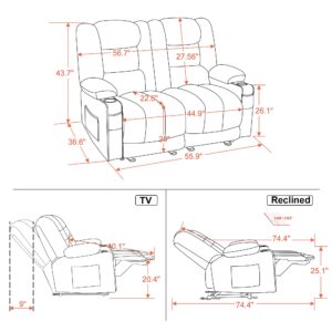 MCombo 55.9" Power Loveseat Recliner with Heat and Vibration, Fabric Electric Loveseat Recliner, USB Charge Port, Cup Holders for Living Room PR648 (Grey)