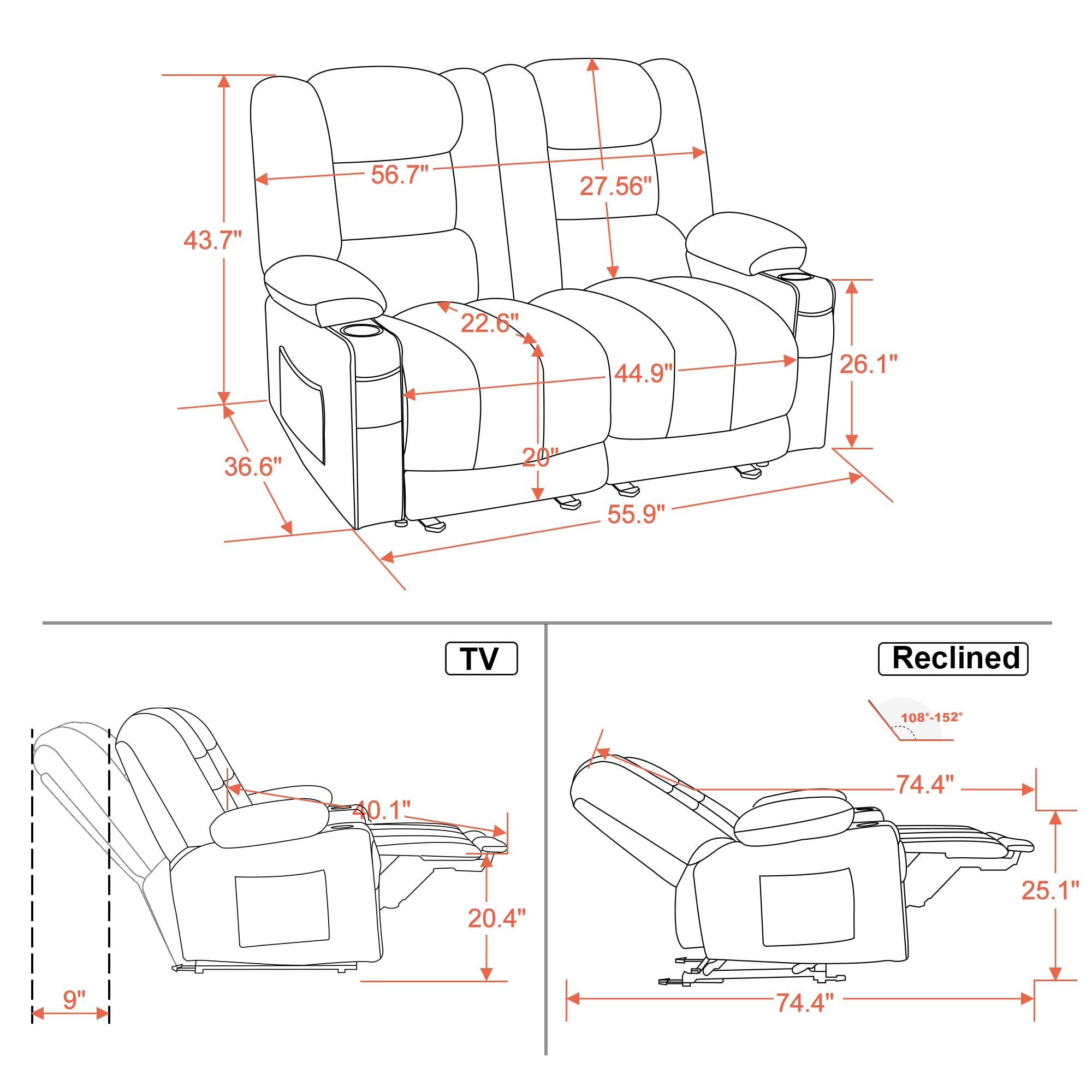 MCombo 55.9" Power Loveseat Recliner with Heat and Vibration, Fabric Electric Loveseat Recliner, USB Charge Port, Cup Holders for Living Room PR648 (Grey)