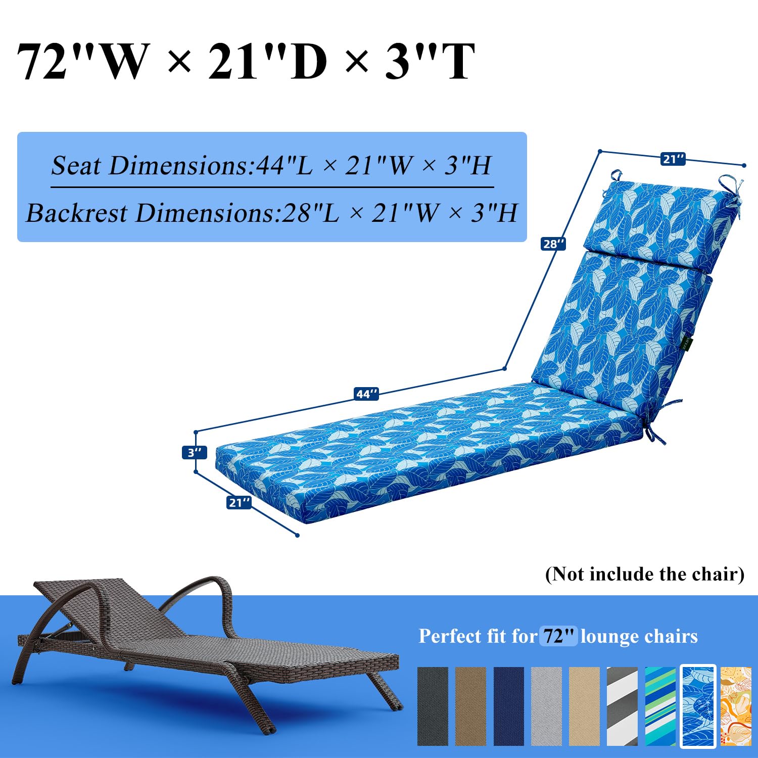 FILUXE Chaise Lounge Cushions Outdoor Furniture, High-Density Foam Chair Cushion with Ties, Weather & Fade Resistant - Patio Recliner Chairs Cushions for Lawn,Pool & Beach 72x21x3 Inch, Ash Leaves