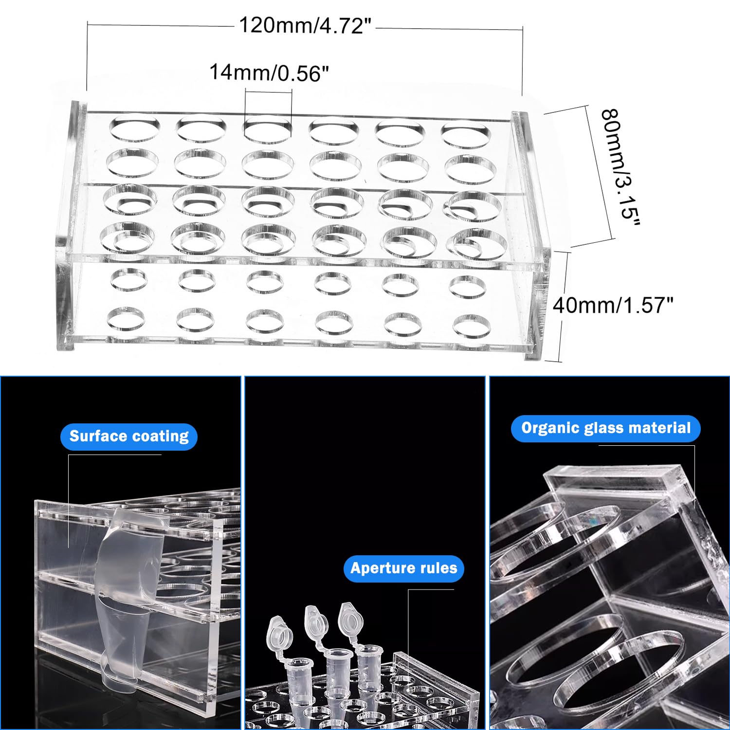 2 Pack Acrylic Test Tube Rack, 24Wells, for 5/9“ OD Tube (13 ±0.1mm，MAX for 14mm) Centrifuge Tube Holder for Labortory Holder Lab Test Tube Transparent