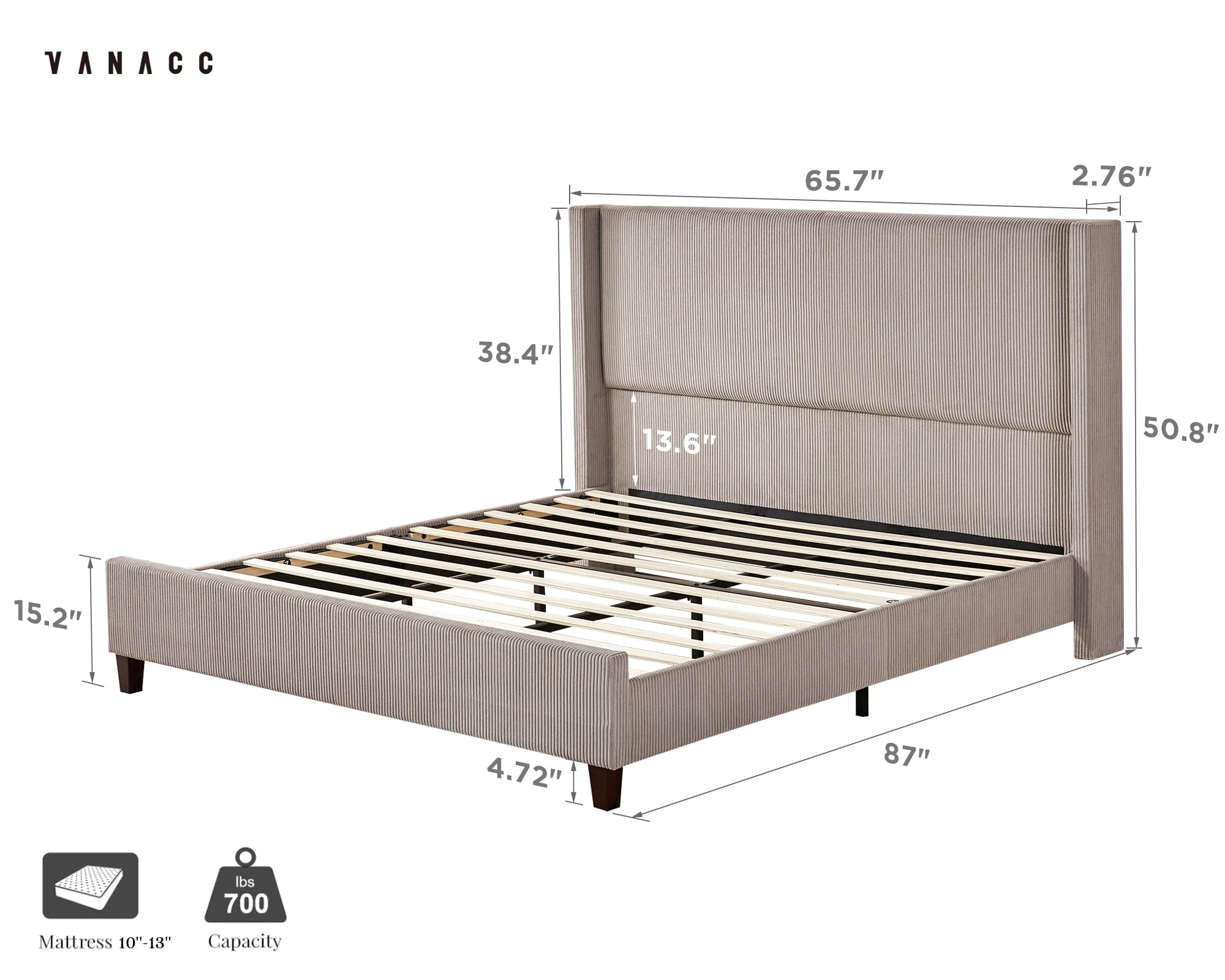 VanAcc King Size Platform Bed Frame, 50.8" Corduroy Upholstered Bed with Vertical Channel Tufted Headboard/Wooden Slats/Wingback/No Box Spring Required/Taupe