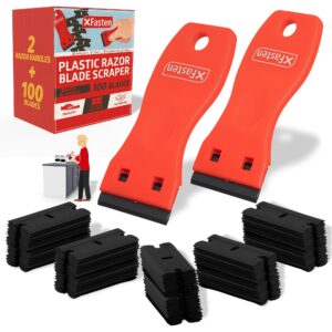 xfasten plastic razor blade scraper tool 2pcs sticker scraper tool with 100pcs plastic razor blades, plastic scraper tool for glass, plastic scrapers non scratch for decal adhesive sticker