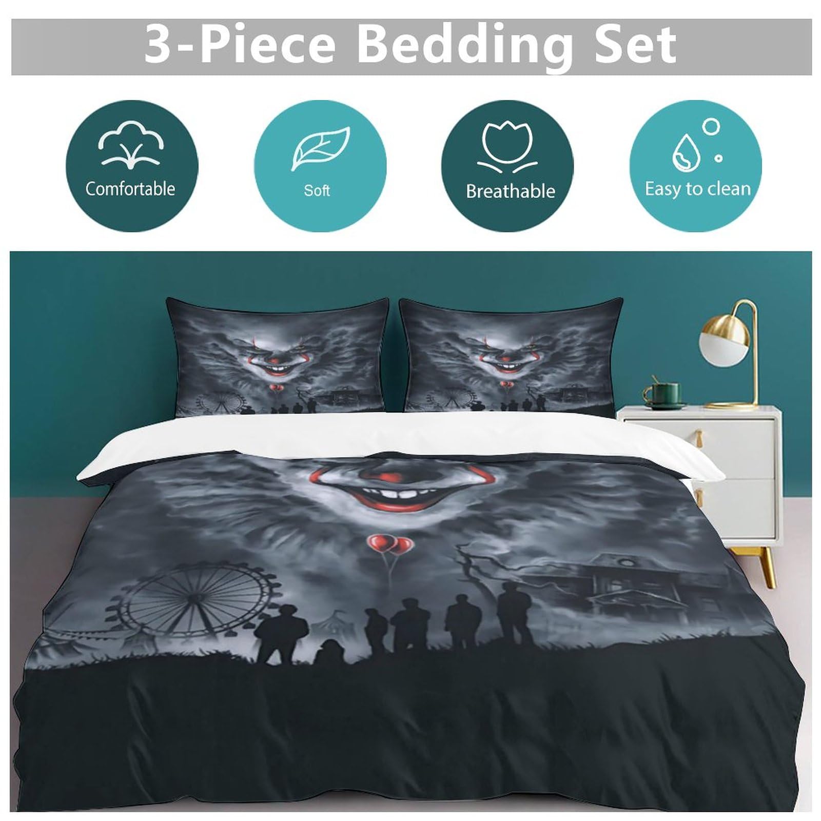 Horror 3-Pcs Bedding Set Includes 1 Duvet Cover and 2 Pillowcases​, Soft Comfortable Breathable Bedroom Decoration 86"x70"