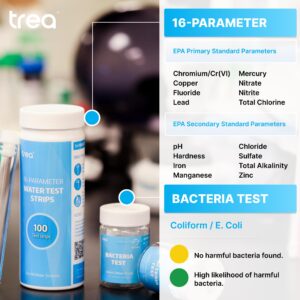 TREA 17 in 1 Drinking Water Test Kit - Comprehensive Water Quality Analysis Includes pH, Hardness, Chlorine, Fluoride, Lead, Iron, Copper, Coliform Bacteria and More for Home Tap and Well Water