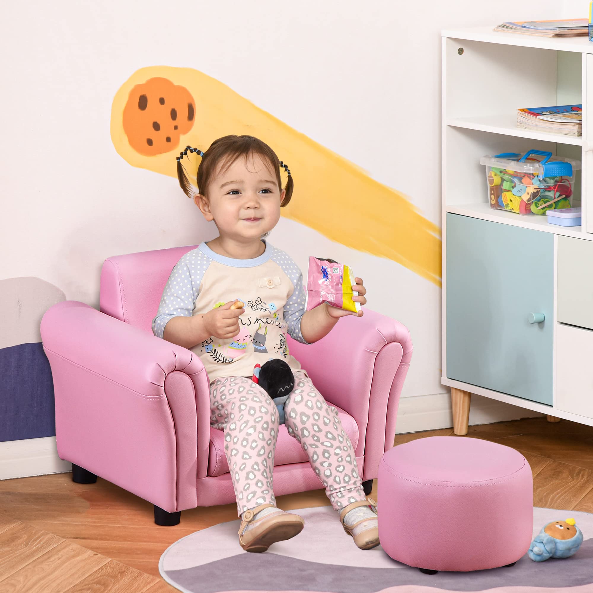 Qaba Kids Sofa Set with Footstool, Upholstered Armchair for Kids 18M+, Baby Sofa for Playroom, Children's Bedroom, Nursery Room, Pink