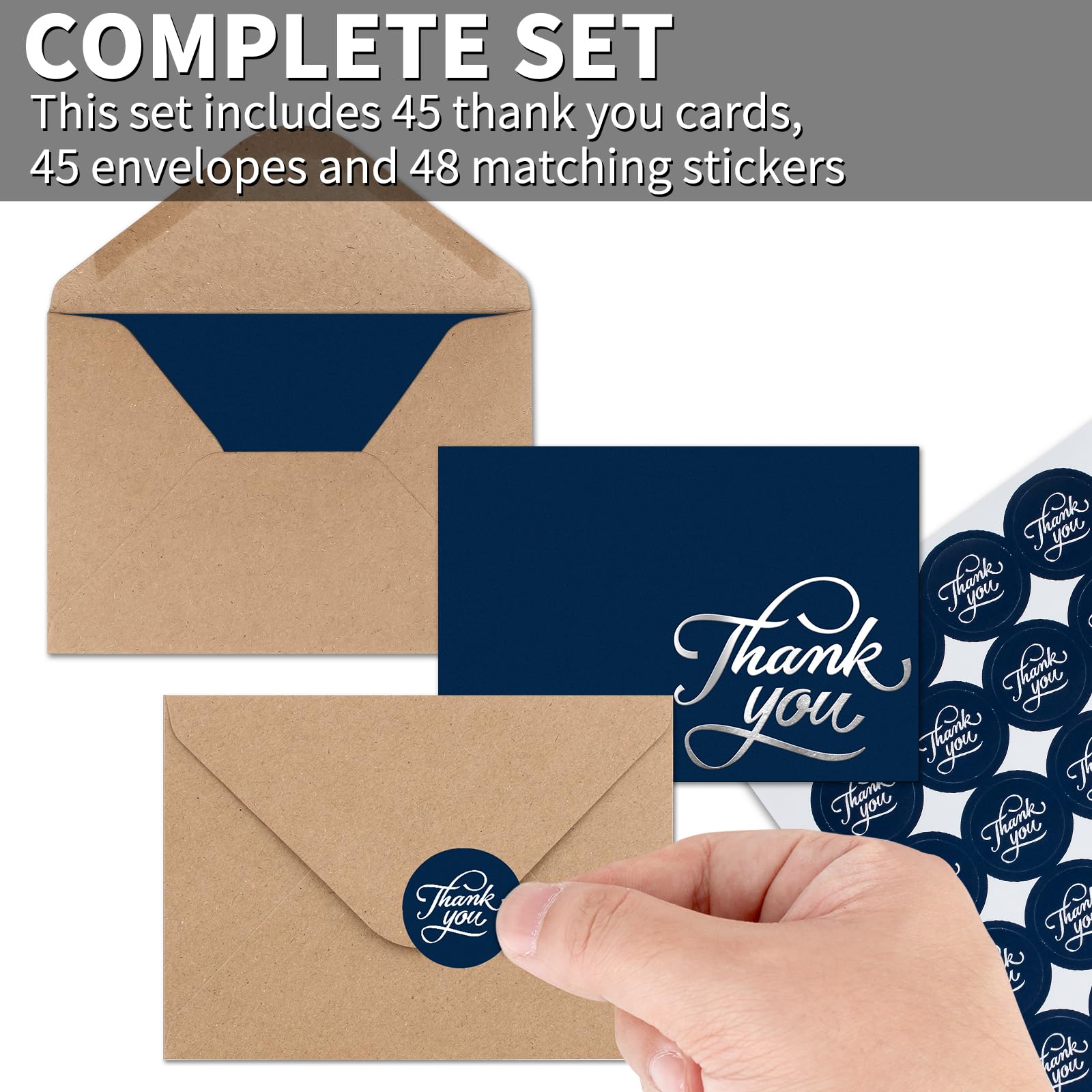 cofullsky 45 PCS Thank You Cards with Envelopes, Navy Blue Thank You Cards bulk 3.5” X 5” Blank Silver Foil Design Bridal Baby Shower Wedding Thank You Note Cards for Business Funeral Graduation 2024