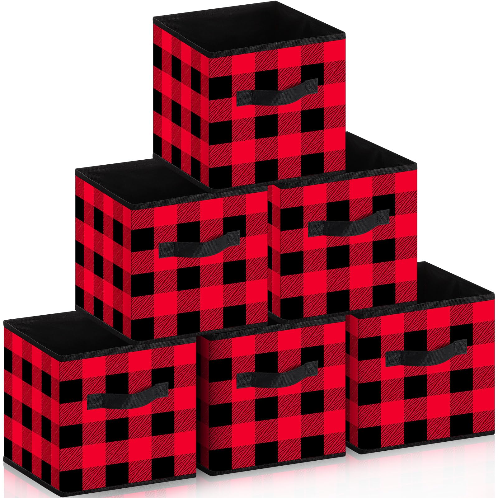 Suzile 6 Pcs Buffalo Plaid Storage Bins Christmas 10'' Buffalo Plaid Foldable Fabric Storage Cube with Handles Christmas Basket Storage Box Organizers for Toys Shelf Closet Home Gift(Red and Black)