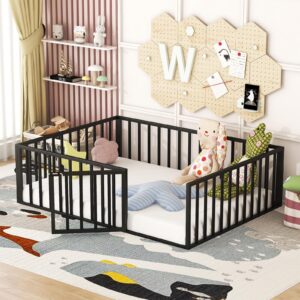 hzanhy full size floor bed, montessori floor bed frame with fence metal kids floor bed with door full slats platform bed with rails for boys girls excluded mattress