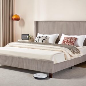 VanAcc King Size Platform Bed Frame, 50.8" Corduroy Upholstered Bed with Vertical Channel Tufted Headboard/Wooden Slats/Wingback/No Box Spring Required/Taupe