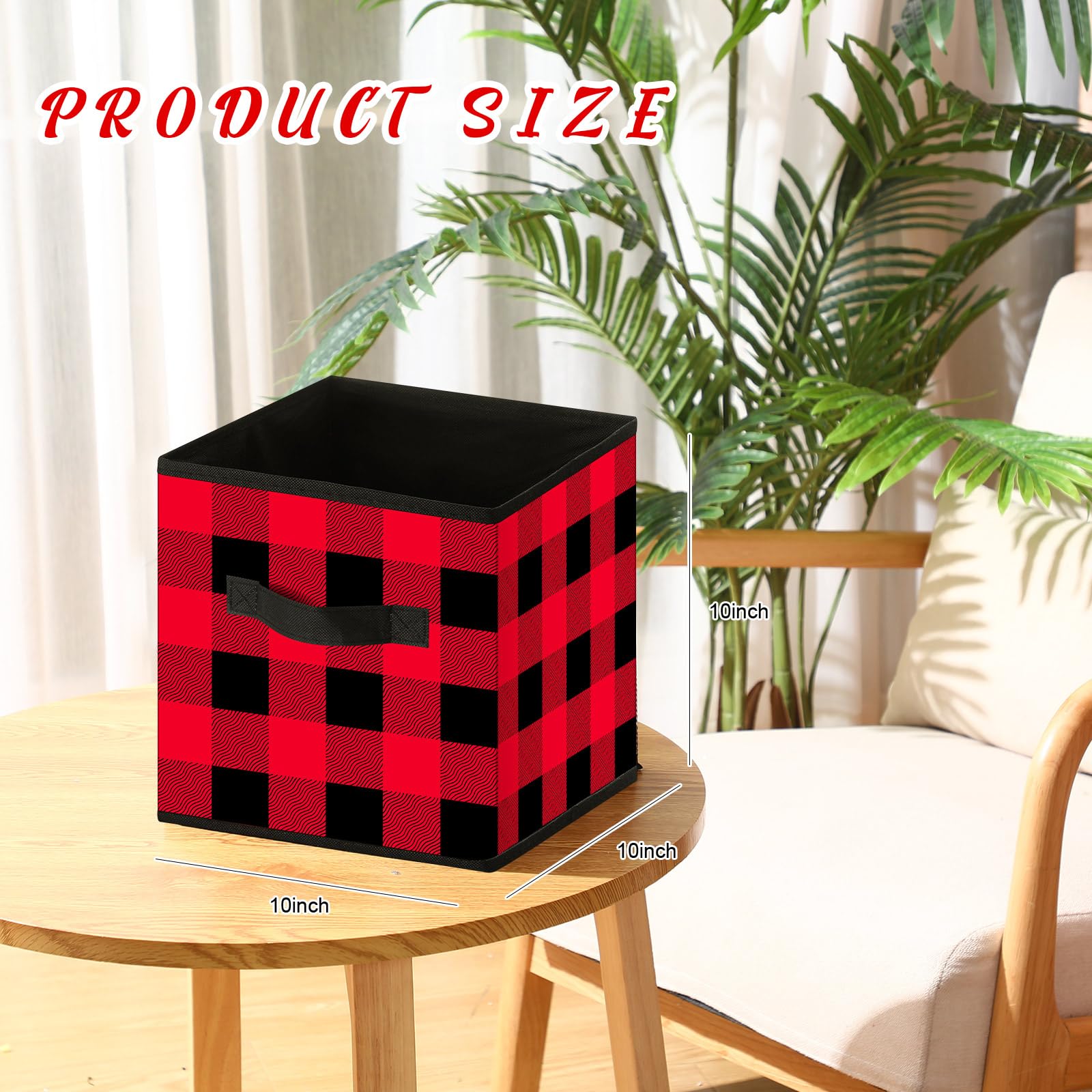 Suzile 6 Pcs Buffalo Plaid Storage Bins Christmas 10'' Buffalo Plaid Foldable Fabric Storage Cube with Handles Christmas Basket Storage Box Organizers for Toys Shelf Closet Home Gift(Red and Black)