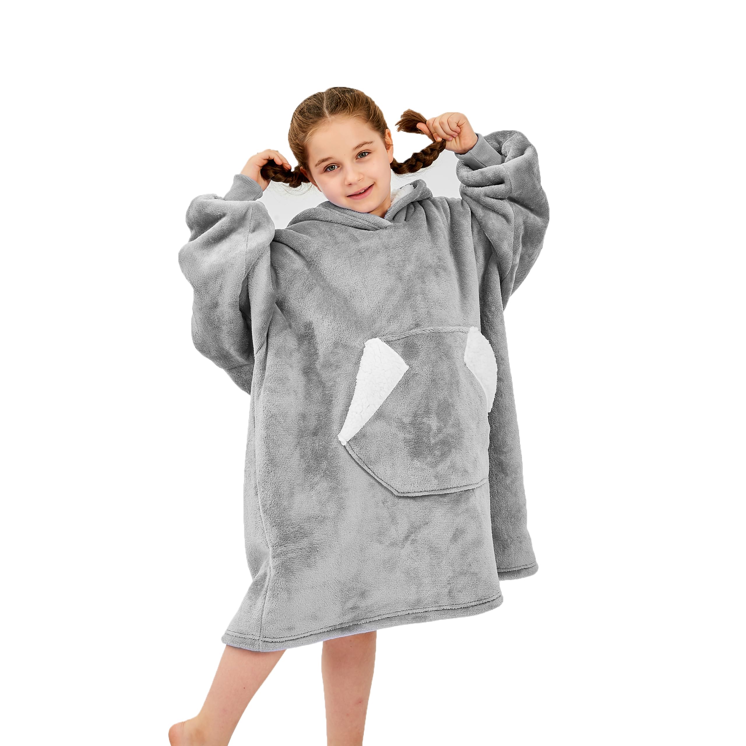 Ramees Wearable Blanket Hoodie for Kids, Sherpa Oversized Sweatshirt Blanket Flannel with Hood Pocket and Sleeves (Grey)