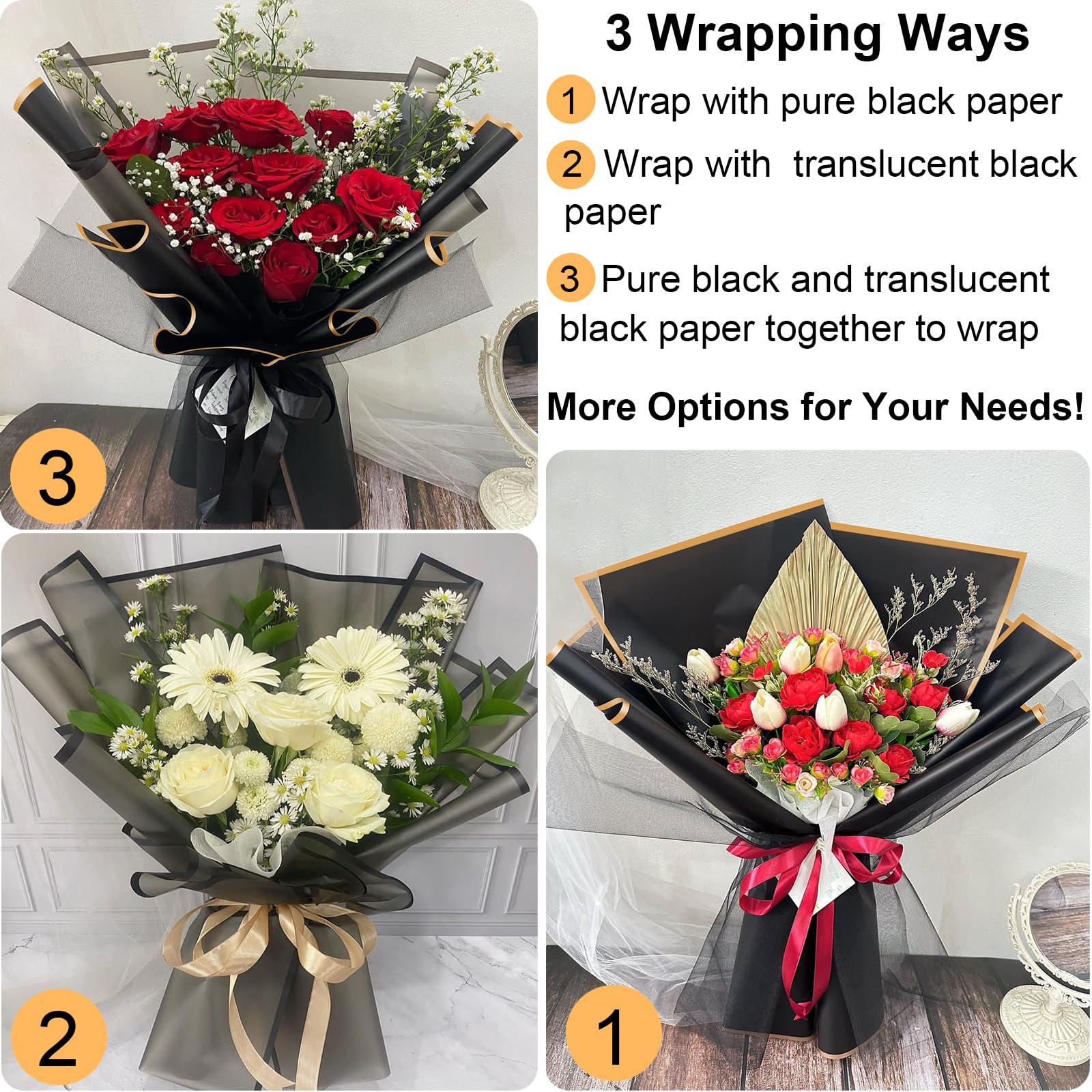 SYOGUA 20 Sheets Flower Wrapping Paper Black - Waterproof Floral Bouquets Wrapping Paper- 10Pcs Gold Edge & 10Pcs Translucent Black Edge Florist Supplies Gift Packaging Flower Paper Wrap