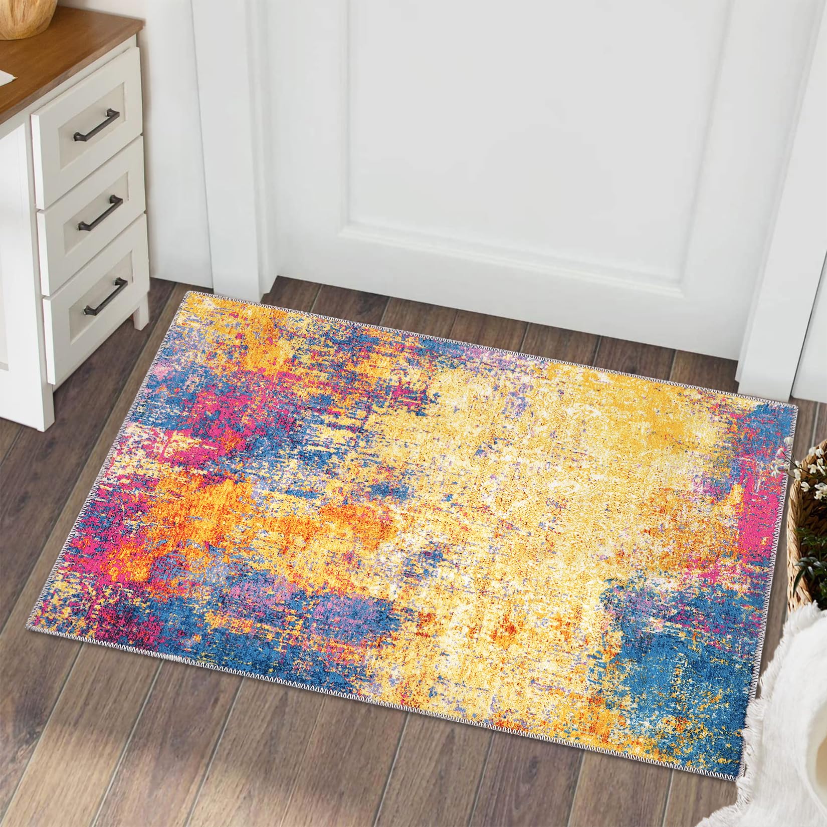 ROYHOME Washable Area Rug Modern Abstract Entryway Rug Area Rug Doormat Stain Resistant Non-Slip Contemporary Floor Carpet for Indoor Front Entrance Kitchen Bathroom, Multi, 2' x 3'