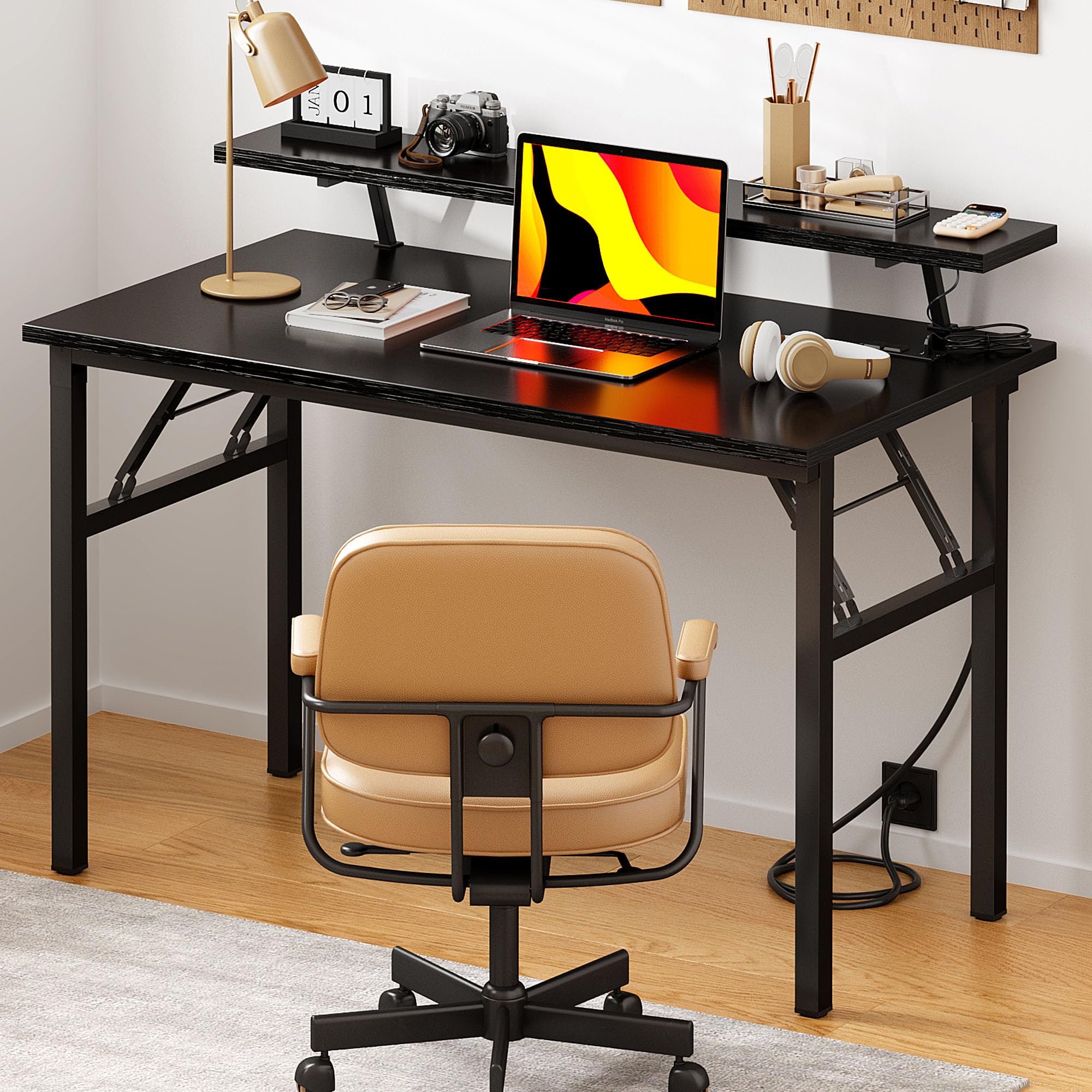 Need 39 Inch Small Folding Computer Desk with Power Outlets & Monitor Shelf Study Desk Gaming Desk with Led Lights Cup Holder & Headphone Holder,Black