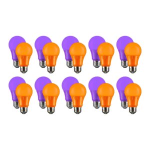 sunlite 41938 led a19 halloween value pack, 10 purple, 10 orange, 3 watts (25w=), e26 medium base, non-dimmable, ul listed, party decorations, holiday lighting, 25,000 hour life span, 20 pack