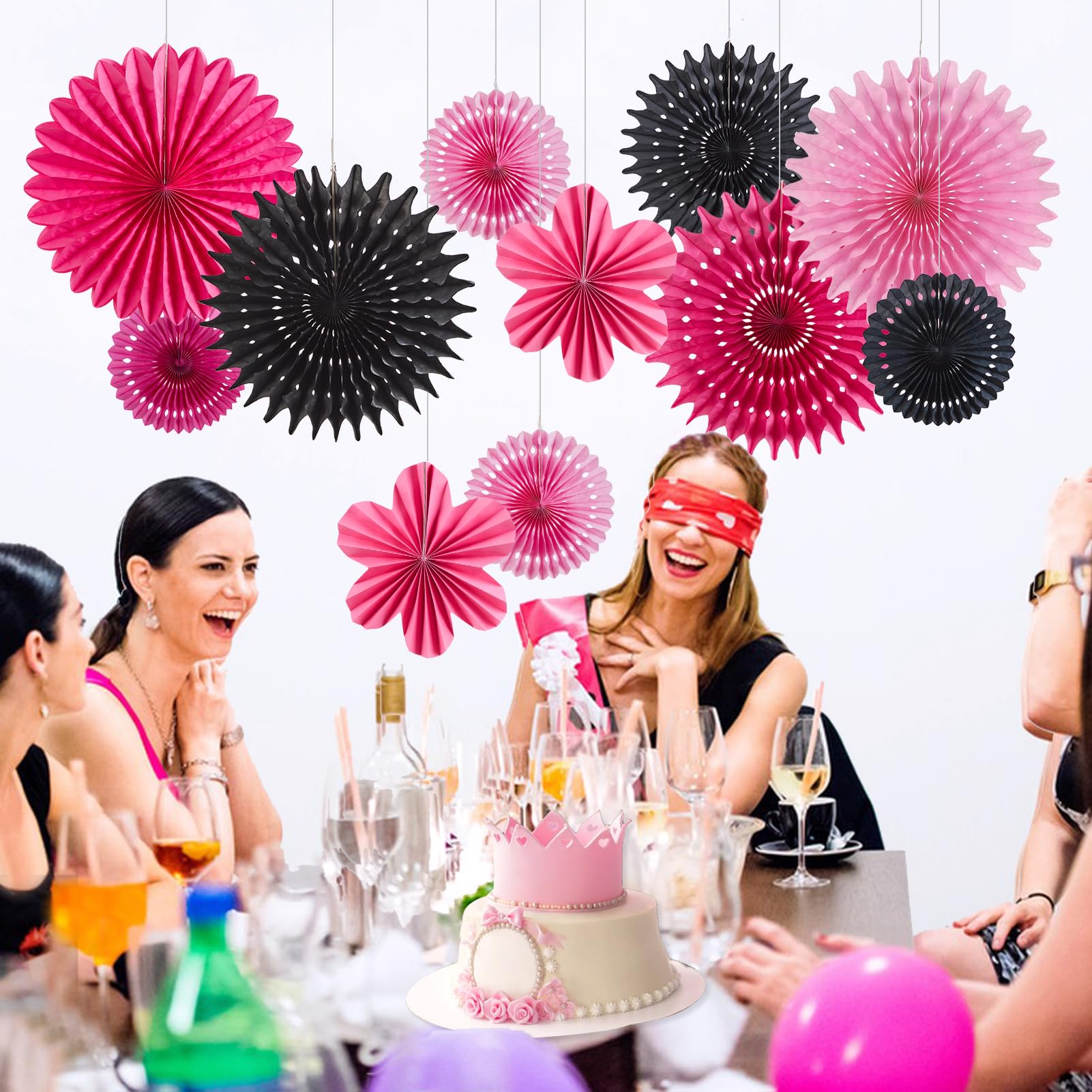 Balun Admhail 11PCS Hanging Paper Fans Decorations Pink Black Birthday Party Decorations for Girls Sweet 16 18 21st Paris Birthday Bridal Shower Wedding Bachelorette Galentine's Party Decor Supplies