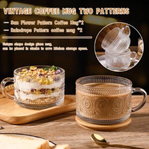 Vintage Coffee Mugs 4 pcs,Overnight Oats Containers with Lids and Spoon 14 oz-DWTS Glass Cups with Lids,Cute Coffee Bar Accessories and Kitchen Gifts