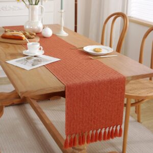 jiale fall table runner, rustic farmhouse table runners with tassels 72 inches long, boho cotton linen table runner for table decor, holiday party and wedding, 13x72 inches, orange