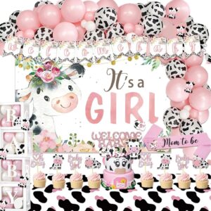 cow baby shower decorations for girl, fiesec pink farm cow themed baby shower decorations backdrop balloon garland welcome baby banner tablecloth cake topper box cutout mom to be sash