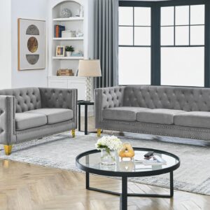 JEEOHEY Chesterfield Sofa,Oversized Velvet Loveseat Sofa Couch,2 Seater Deep Seat Sofa,Modern Sofa Chair with Button Nailhead,Upholstered Futon Couches,Furniture for Living Room,Bedroom,Office(Grey)