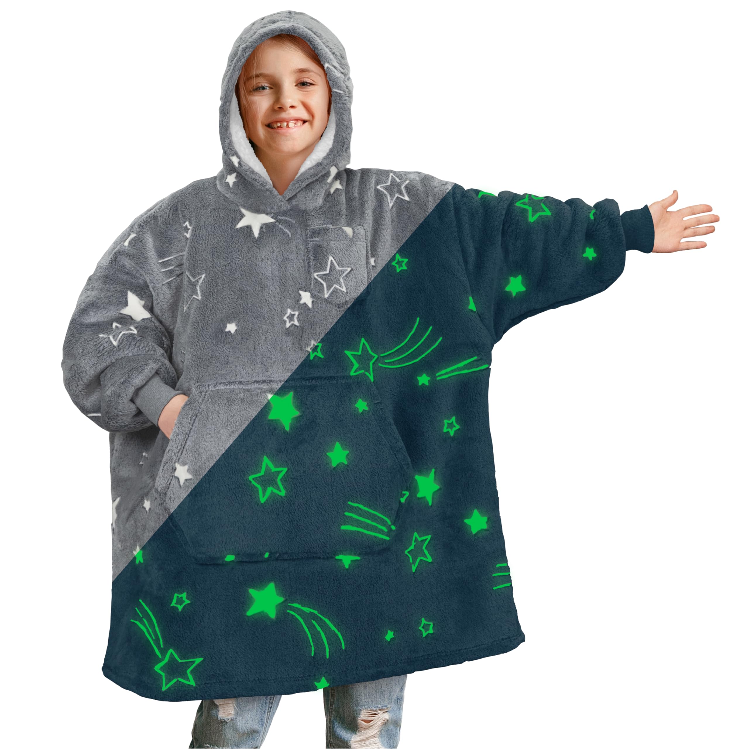 PAVILIA Wearable Blanket Sweatshirt for Kids Boy Girl Glow in The Dark Star, Warm Cozy Giant Blanket Hoodie, Fleece Sherpa Oversized Blanket Sweatshirt with Sleeves, Big Pocket