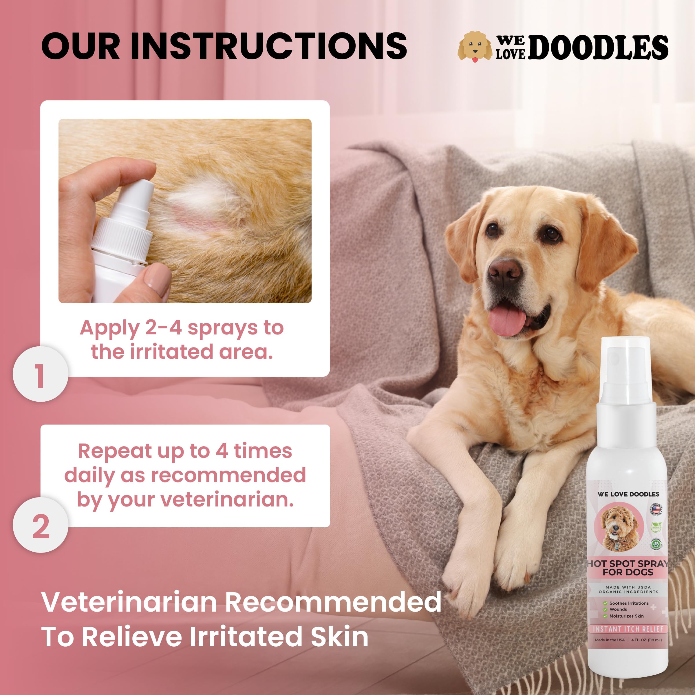 We Love Doodles USDA Organic Dog Hot Spot Spray, Itch Relief for Dogs Licking Paws, Made in USA, Anti-Itch Allergies, Dermatitis & Skin Irritation Treatment, Veterinarian Approved, 118mL