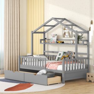 harper & bright designs twin house bed with 2 storage drawers, kids twin platform bed frame with storage shelves, fence and roof, tent bed, wood playhouse bed twin for kids teens girls & boys (gray)