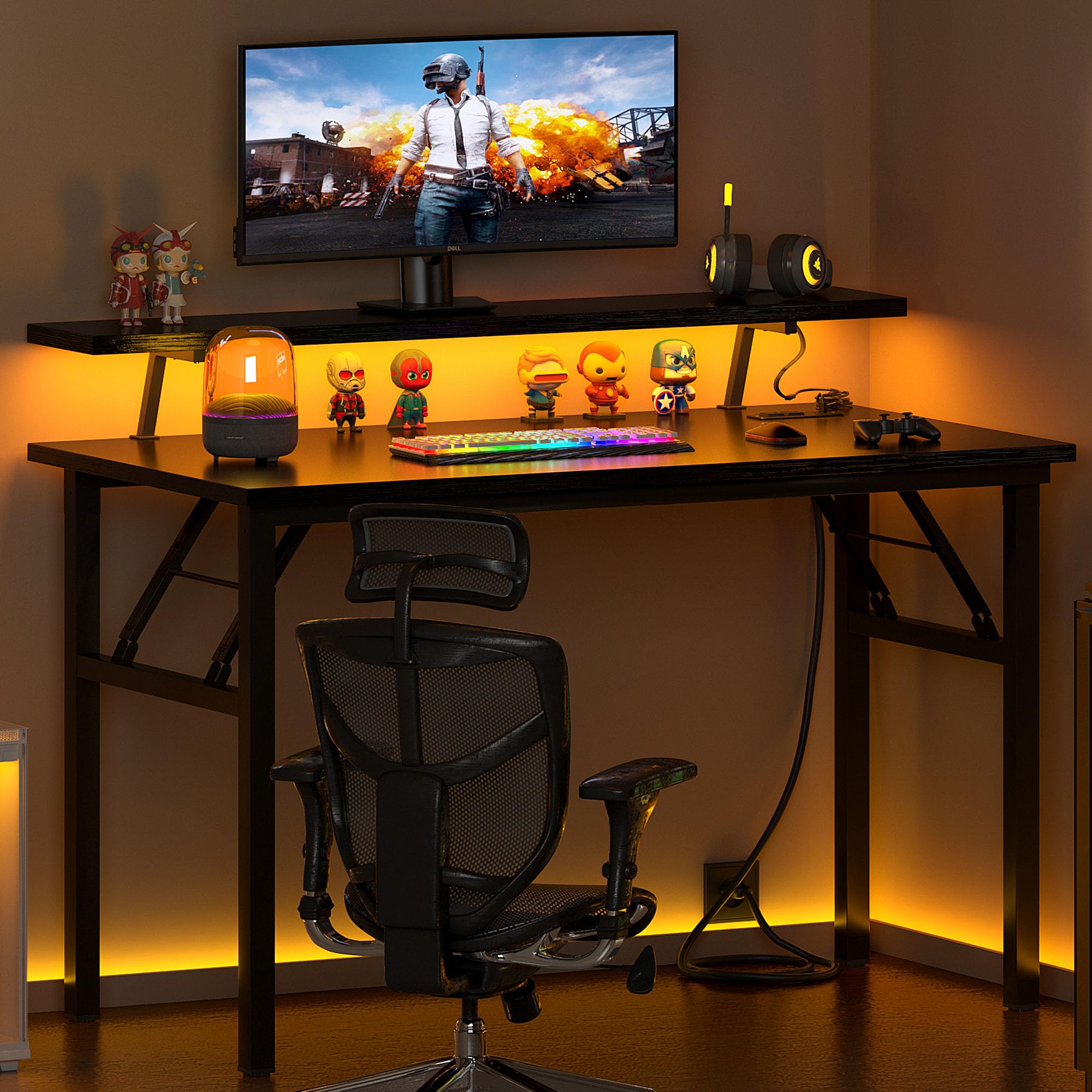 Need 39 Inch Small Folding Computer Desk with Power Outlets & Monitor Shelf Study Desk Gaming Desk with Led Lights Cup Holder & Headphone Holder,Black