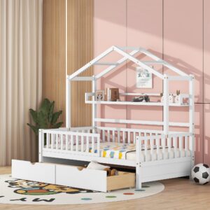 Harper & Bright Designs Twin House Bed with 2 Storage Drawers, Kids Twin Platform Bed Frame with Storage Shelves, Fence and Roof, Tent Bed, Wood Playhouse Bed Twin for Kids Teens Girls & Boys (White)