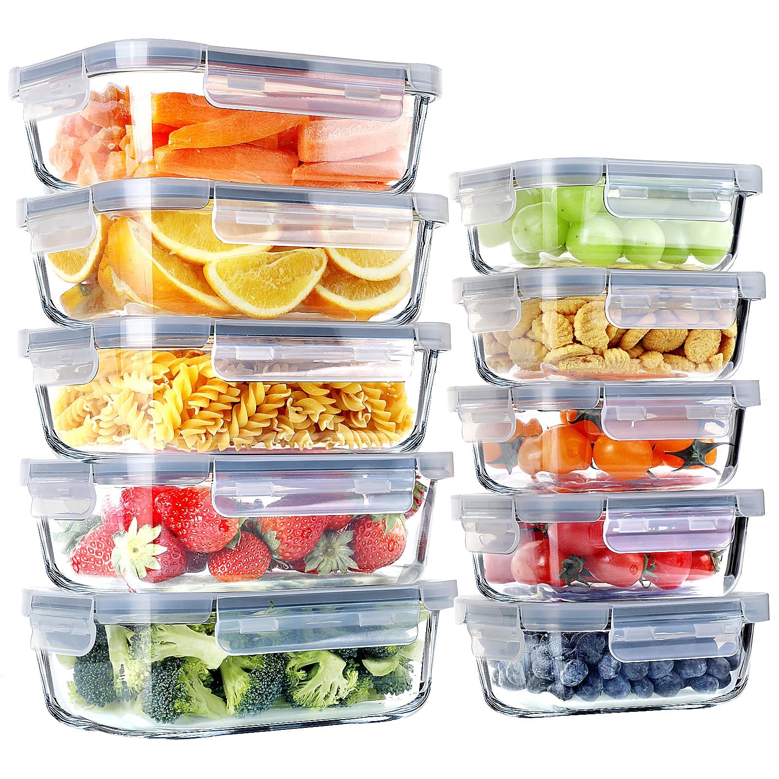 BAYZZ 10 Packs Glass Food Storage Containers with Lids, Glass Meal Prep Containers, Airtight Glass Lunch Containers - Freezer,Oven,Microwave Safe