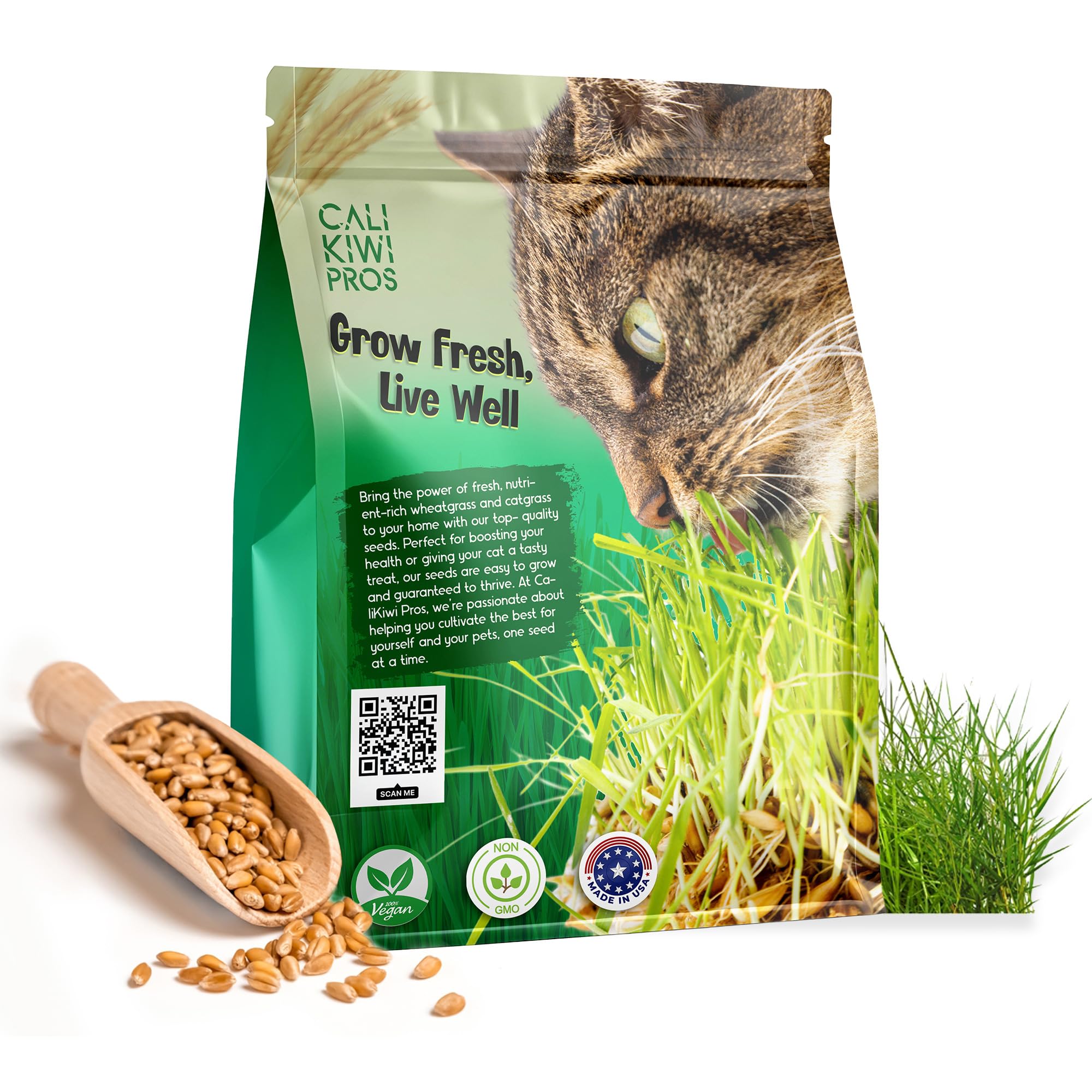 Cali Kiwi Pros Organic Cat Grass for Indoor Cats & Pets-Wheat Grass & Cat Grass Seeds for Digestion and Hairballs - Non-GMO -16 oz