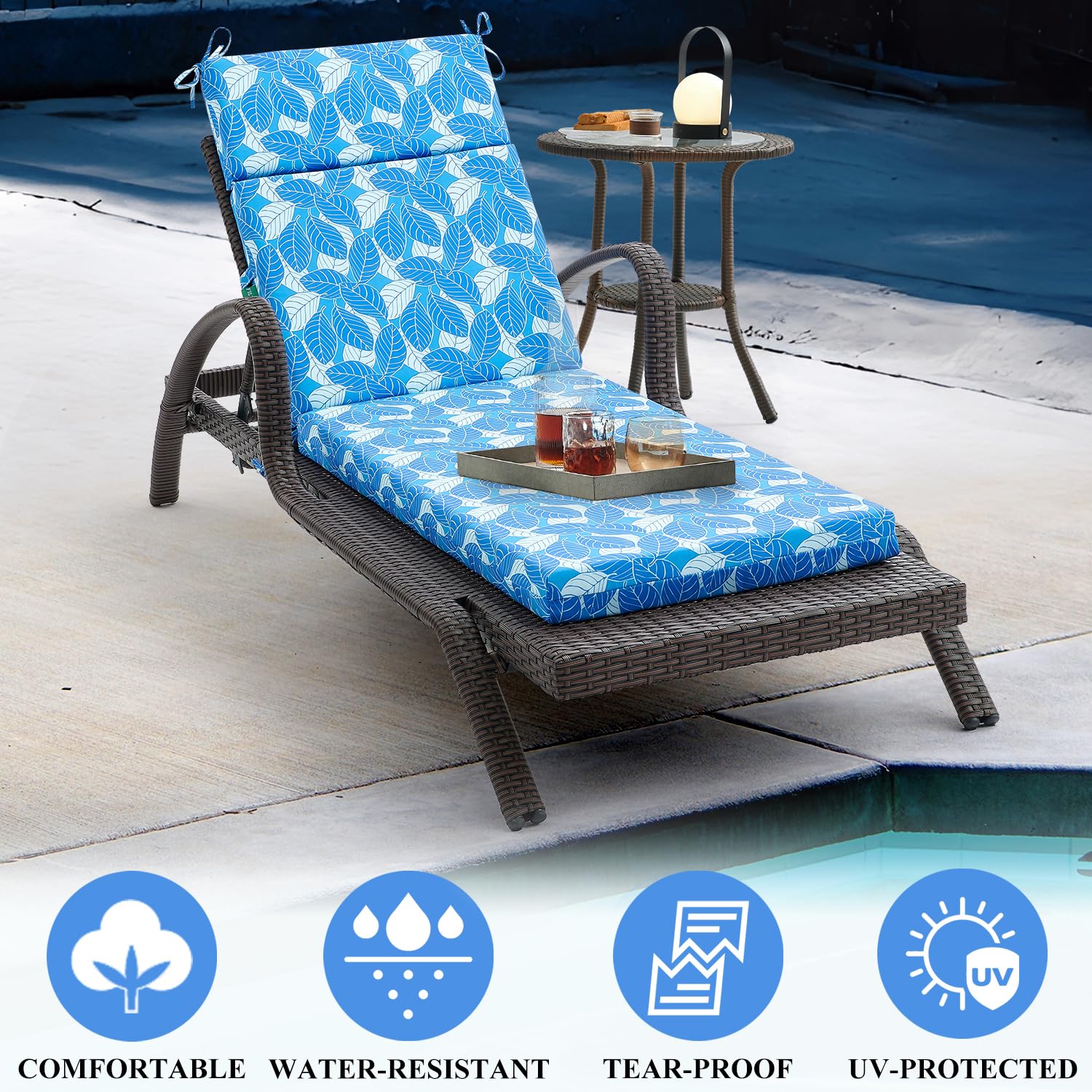 FILUXE Chaise Lounge Cushions Outdoor Furniture, High-Density Foam Chair Cushion with Ties, Weather & Fade Resistant - Patio Recliner Chairs Cushions for Lawn,Pool & Beach 72x21x3 Inch, Ash Leaves