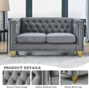 JEEOHEY Chesterfield Sofa,Oversized Velvet Loveseat Sofa Couch,2 Seater Deep Seat Sofa,Modern Sofa Chair with Button Nailhead,Upholstered Futon Couches,Furniture for Living Room,Bedroom,Office(Grey)