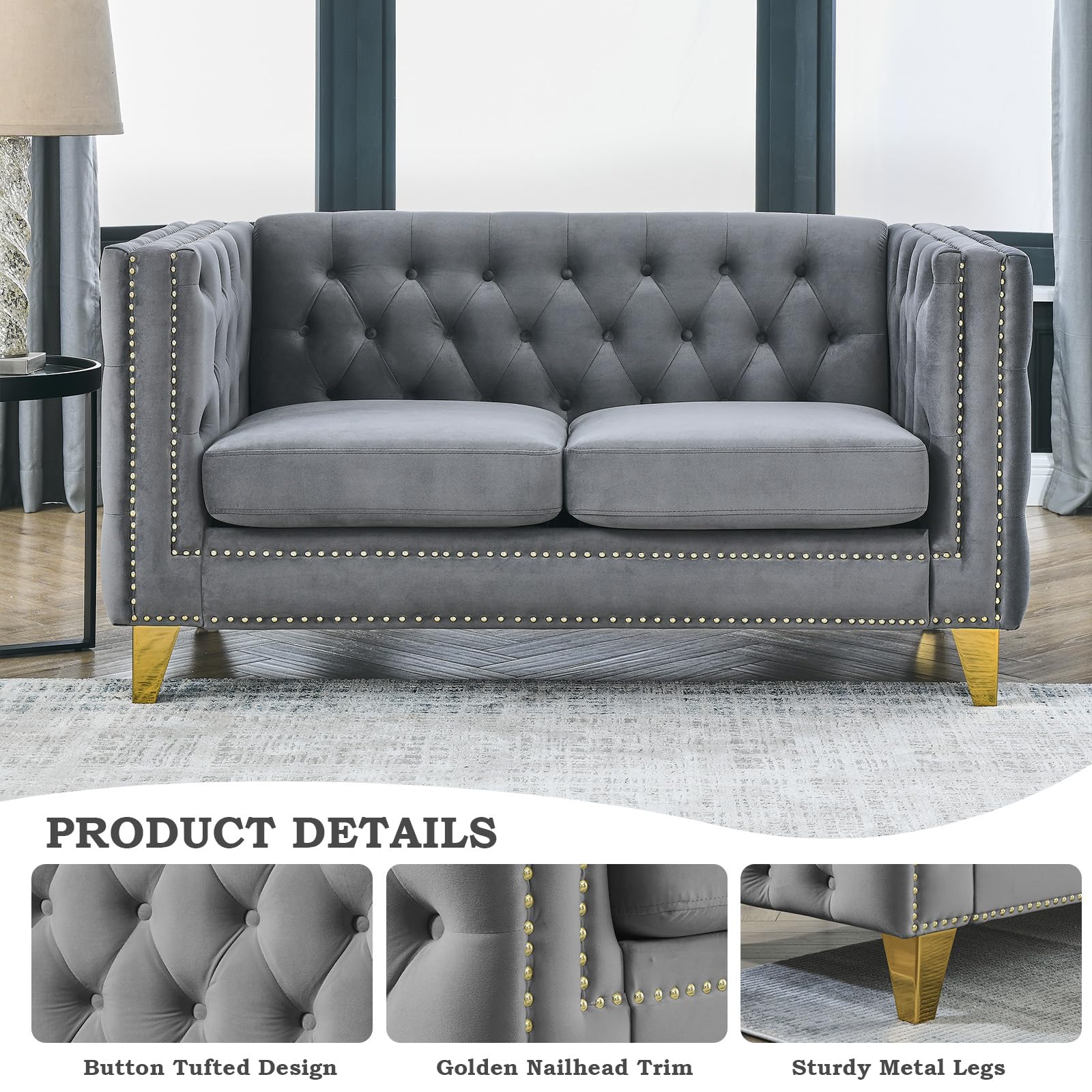 JEEOHEY Chesterfield Sofa,Oversized Velvet Loveseat Sofa Couch,2 Seater Deep Seat Sofa,Modern Sofa Chair with Button Nailhead,Upholstered Futon Couches,Furniture for Living Room,Bedroom,Office(Grey)