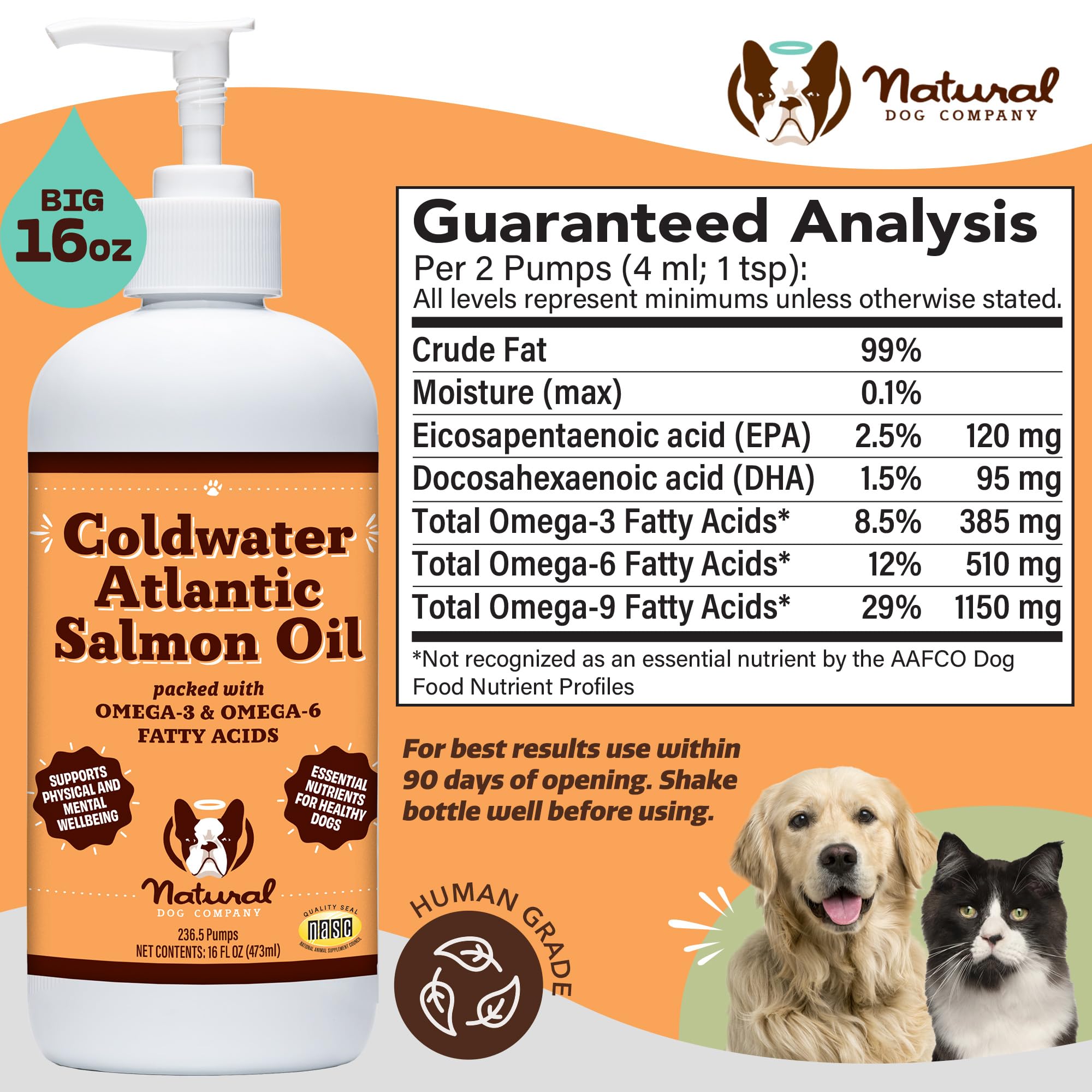 Natural Dog Company Coldwater Atlantic Salmon Oil for Dogs (16oz) - Senior Dog Fish Oil Supplement with Omega 3, Easy to Digest for Senior Dog Fish Oil, Liquid Dog Fish Oil Joint Support Supplement