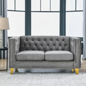 JEEOHEY Chesterfield Sofa,Oversized Velvet Loveseat Sofa Couch,2 Seater Deep Seat Sofa,Modern Sofa Chair with Button Nailhead,Upholstered Futon Couches,Furniture for Living Room,Bedroom,Office(Grey)