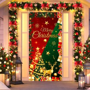 Red Green Christmas Door Cover Merry Christmas Door Decorations Banner Glitter Christmas Tree Elk Snowflake Porch Sign Backdrop Background for Christmas New Year Winter Holiday Party Decor Supplies