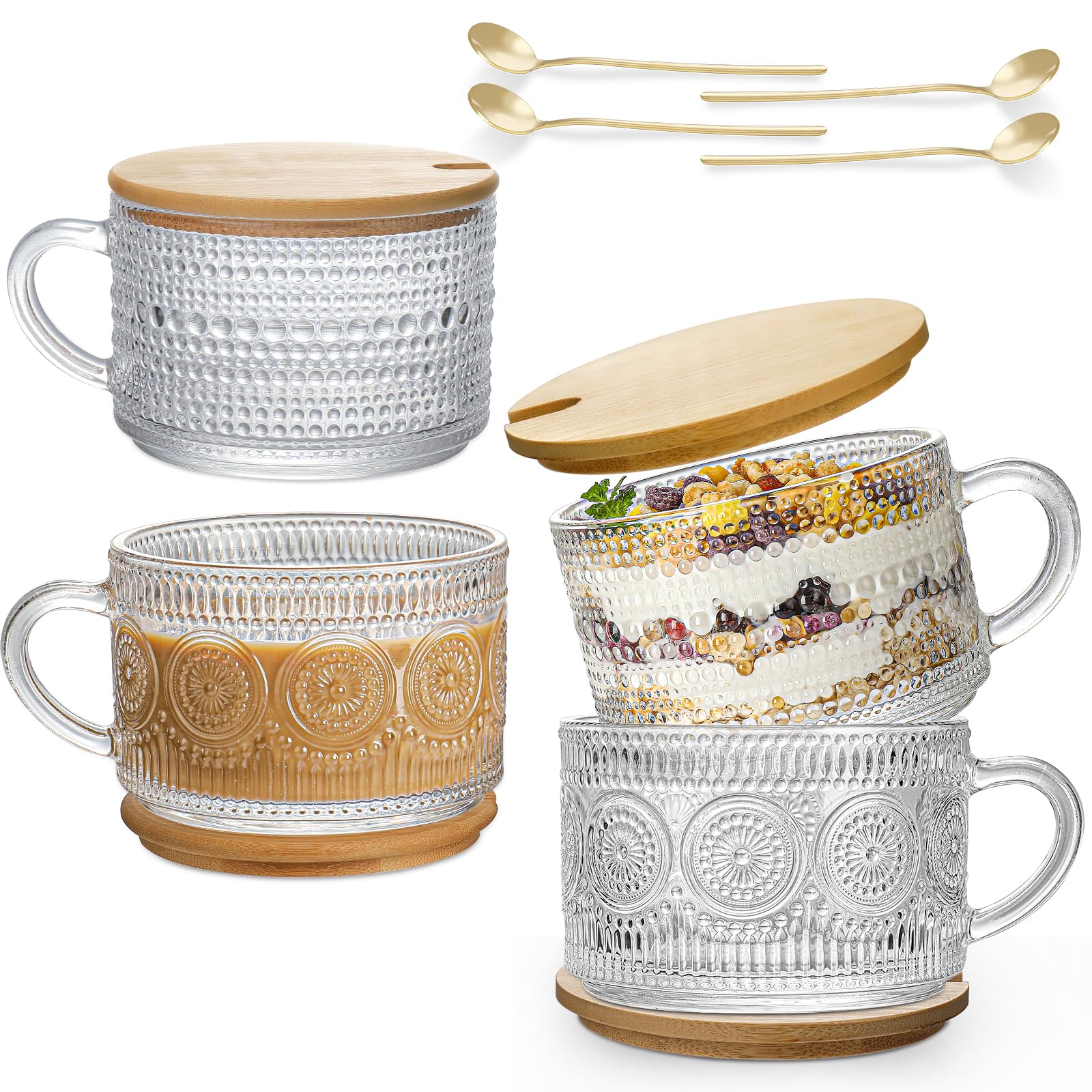 Vintage Coffee Mugs 4 pcs,Overnight Oats Containers with Lids and Spoon 14 oz-DWTS Glass Cups with Lids,Cute Coffee Bar Accessories and Kitchen Gifts