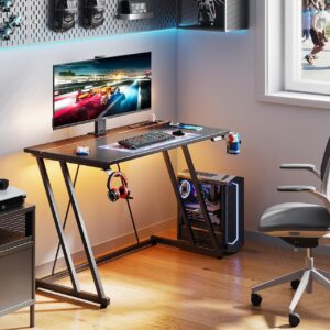 MOTPK Small Gaming Desk with LED Lights & Power Outlet, Computer Desk 39inch for Small Space, Cheap Gaming Table with Carbon Fiber Texture, Kids Desk Gift for Boys Men, Black