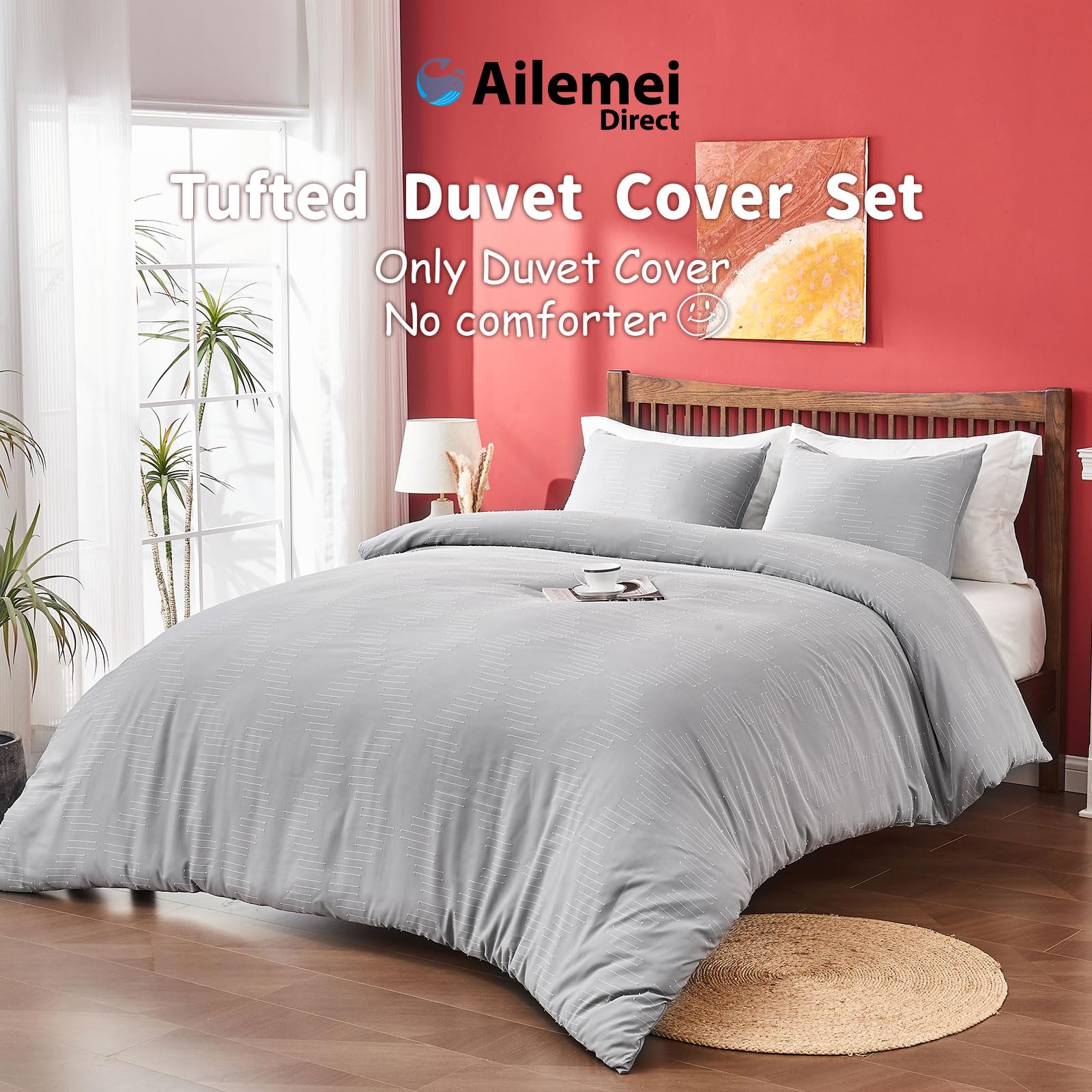 Ailemei Direct Duvet Cover King Size, Duvet Cover Gray Breathable and Soft in Boho Style, Shabby Chic Embroidery Duvet Cover Set for All Seasons 3 Pieces 104” x 90”(Gray)