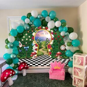 Wonderland Backdrop for Photography Wonderland Tea Party Decorations 8x6FT Fairy Tale Castle Rabbit Green Leaf Birthday Background for Kids Baby Shower Newborn Portrait Photo Props